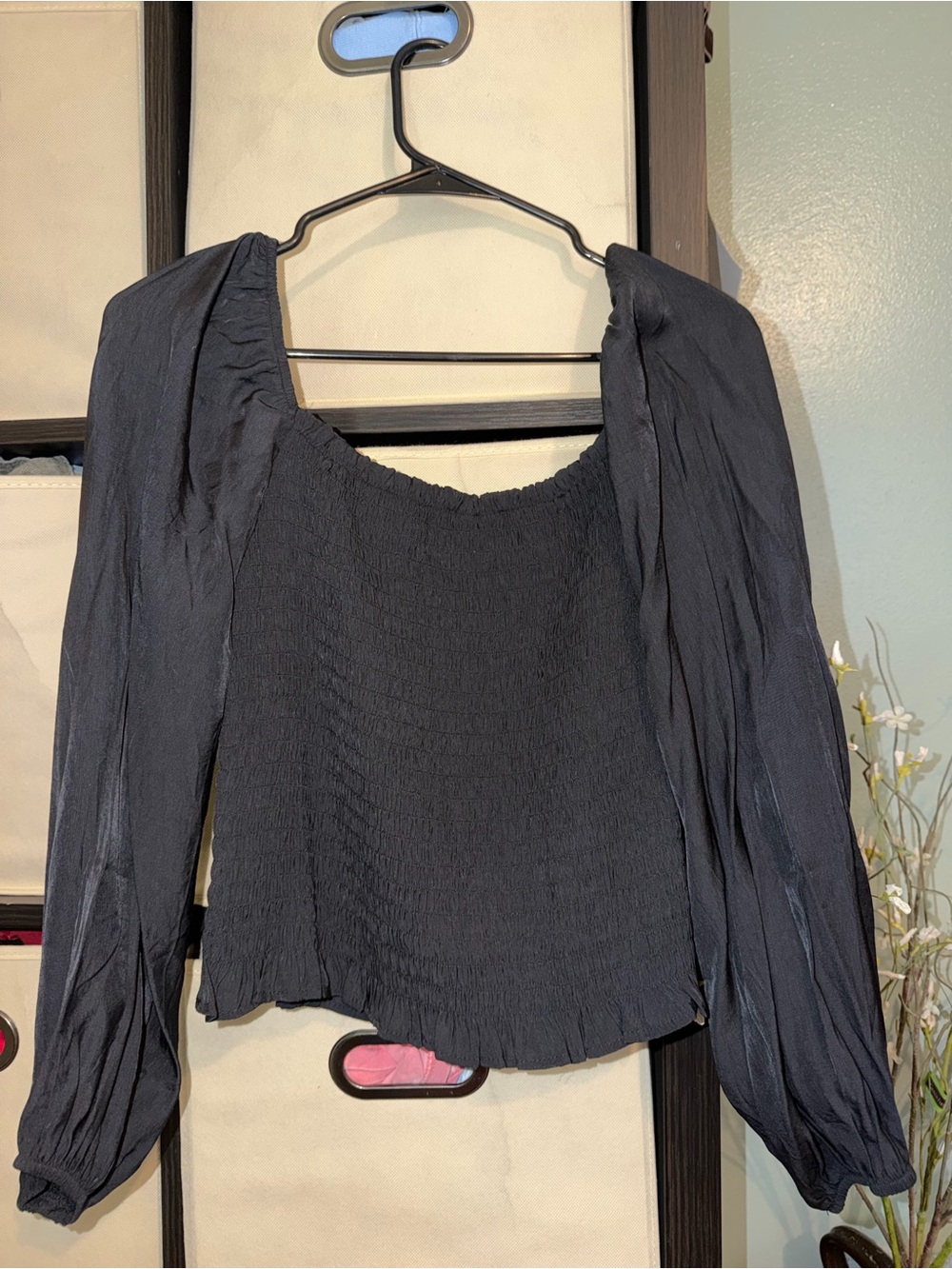 Black Smocked Long-Sleeve Square-Neck Blouse